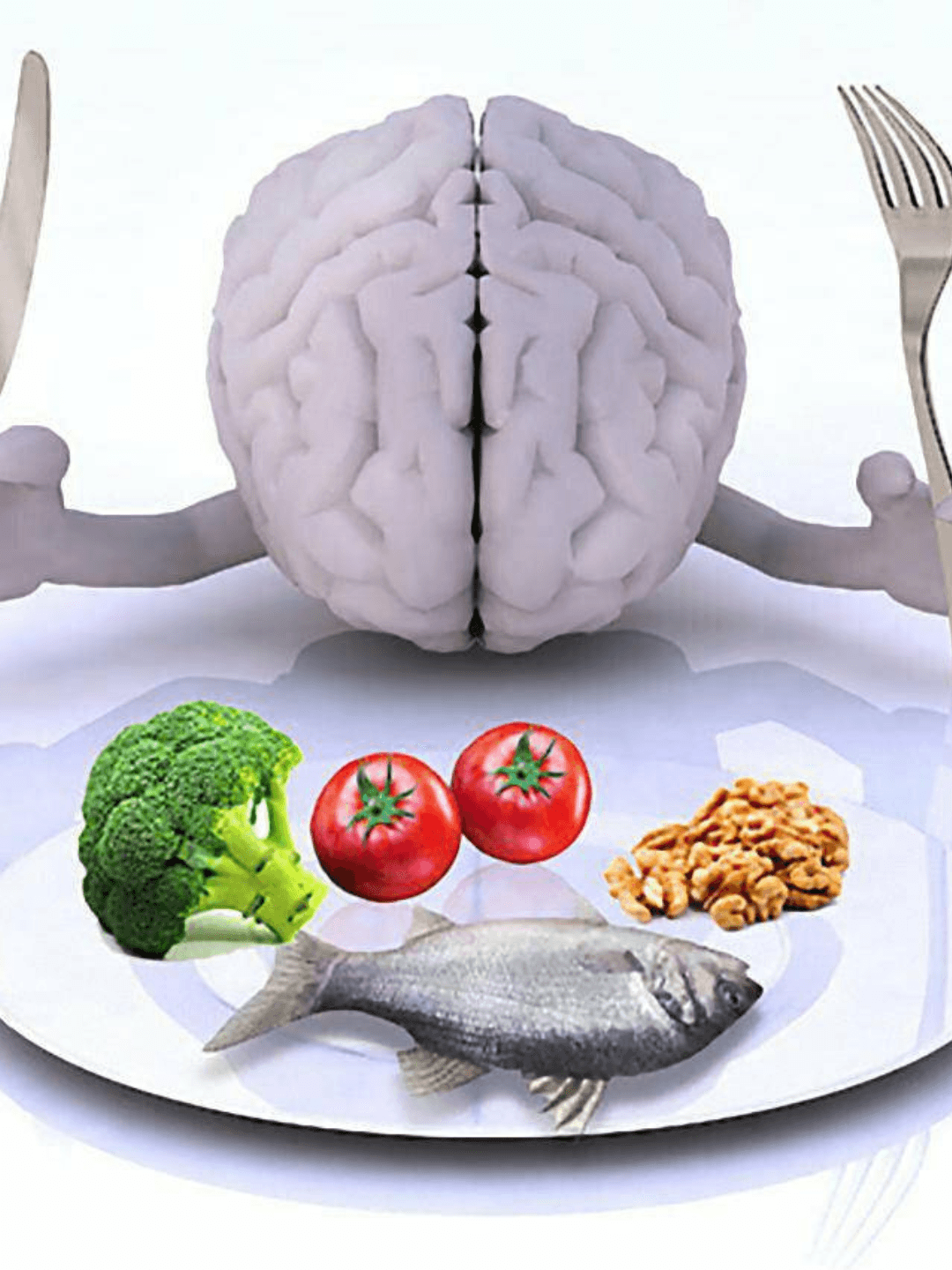 segurança alimentar, um cérebro com braços e garfo e faca nas mão com um prato de legumes a sua frente