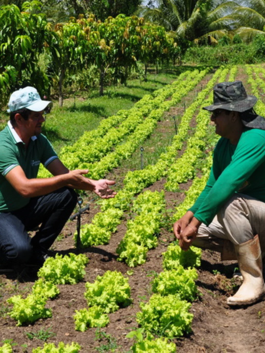 Histórico da extensão rural, extensionista frente a frente com um agricultor em um canteiro de alface